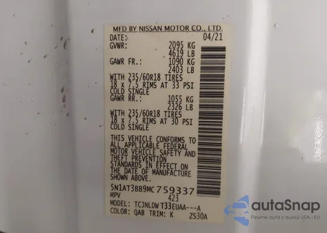 2021 Nissan Rogue Sv Intelligent Awd z USA, uszkodzony, nr VIN 5N1AT3BB9MC759337